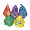 Colorful party hats with a decorative back ground to match and words that reads "Happy New Year".