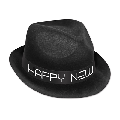 Plastic plastic material molded to a chairman hat with felour coating and a band that reads "Happy New Year" in white.