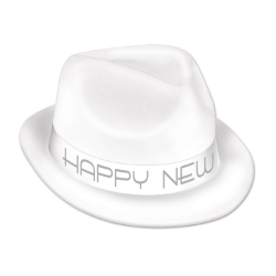White plastic material coated in velour material with a white band that reads "Happy New Year" in silver.