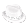 White plastic material coated in velour material with a white band that reads "Happy New Year" in silver.
