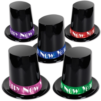 Super big top hats are made of molded plastic material with a colored band and the words "Happy New Year" in white.