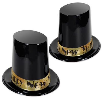 Super big top hats are made of molded black plastic material with a gold card stock band that reads "Happy New Year".