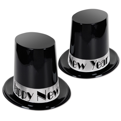 Black plastic material molded to a super big top hat with a silver card stock band that reads "Happy New Year".