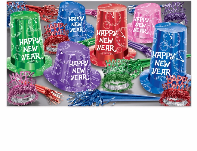 bright colored new years eve party kit with extra large hats with clocks on them along with happy new year tiaras and noisemakers