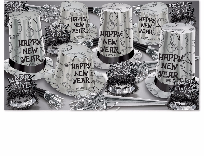 black and silver new years eve party kit for 50 with clocks printed on the silver hats, fringed tiaras, and noisemaker horns