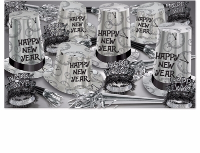 black and silver new year's eve party kit for 50 with clocks printed on the silver hats, fringed tiaras, and noisemaker horns