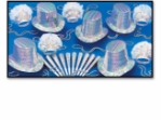 silver party kit for 50 people with prismatic silver hats, horns, tiaras with white feathers, and silver beads
