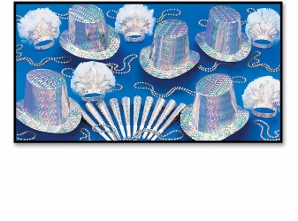silver party kit for 50 people with prismatic silver hats, horns, tiaras with white feathers, and silver beads
