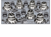 silver and black diamonds party kit that has party hats, tiaras, horns, and beads