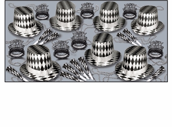 silver and black diamonds party kit that has party hats, tiaras, horns, and beads