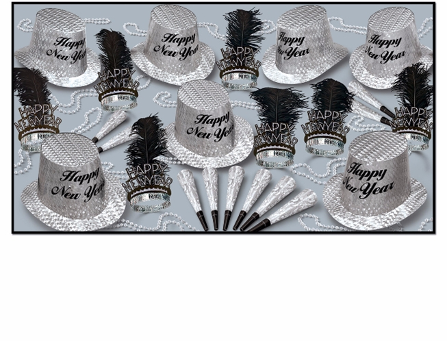 silver prismatic nye party kit for 50 people that has black and silver top hats, feathered tiaras, prismatic horns, and party beads