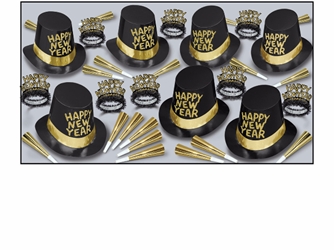 black and gold new year party kit with black hats with gold happy new year written on them with black and gold tiaras and gold party horns
