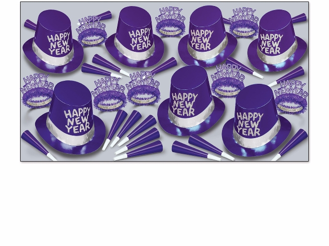 purple NYE party kit with purple and silver party hats, tiaras, and party horns