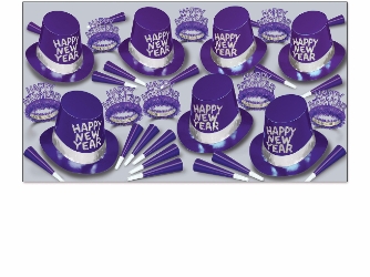 purple NYE party kit with purple and silver party hats, tiaras, and party horns