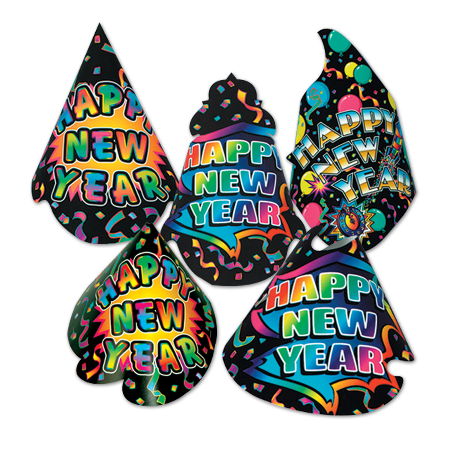 Traditional party hats with vibrant colors and reads "Happy New Year".