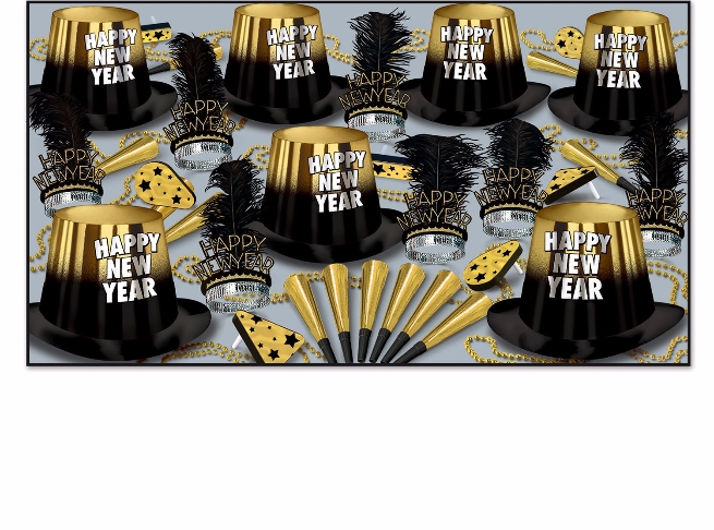 black and gold nye party kit with party hats, happy new year tiaras, horns, noisemakers and beads