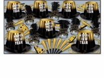 black and gold nye party kit with party hats, happy new year tiaras, horns, noisemakers and beads