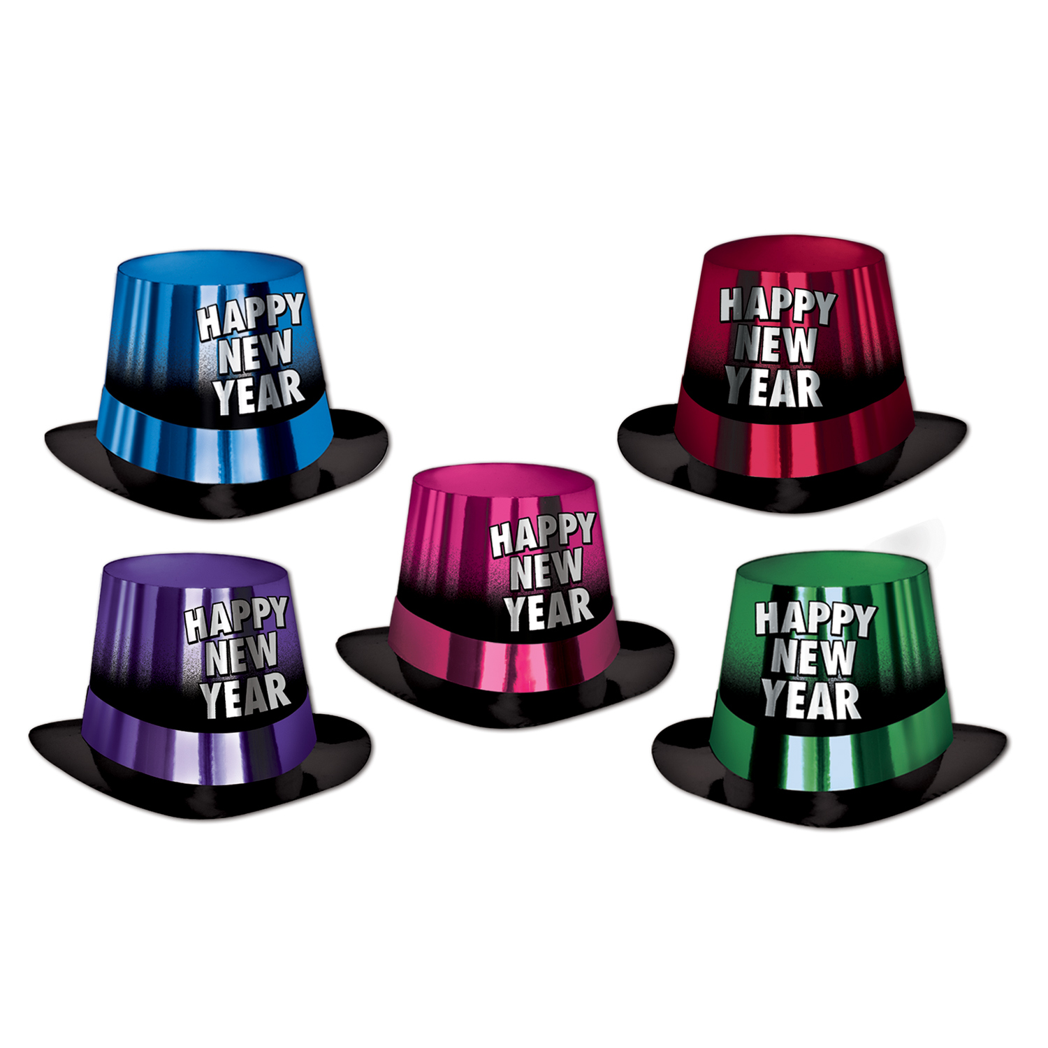 Cardstock entertainer hi-hat with metallic coloring of red, pink, green, purple, and blue and matching band. Each hat has and ombre style with the hat coloring fading into black.   