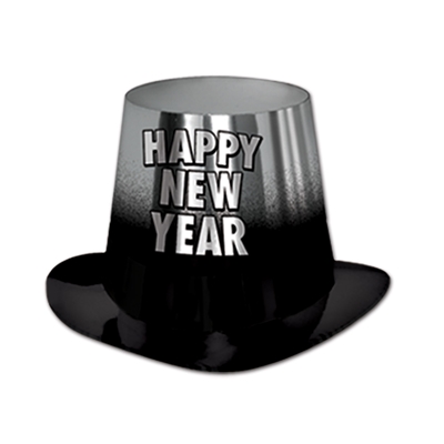 Shiny hi-hat with a black bottom that fades into a metallic looking silver with the workds "Happy New Year".