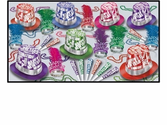 party kit for new years eve that has happy new year all over bright colored hats, horns, and tiaras