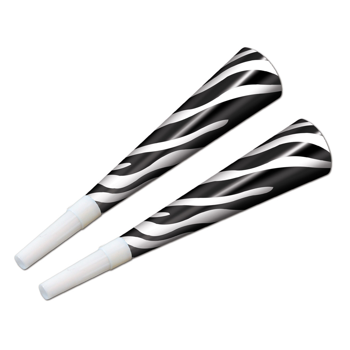 party horn noisemakers with a zebra print design