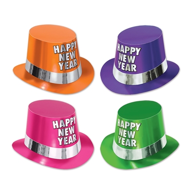Flourescent neon colored cardstock hi-hats that come in pink, purple, green, and orange and come wrapped with a metallic silver band. 