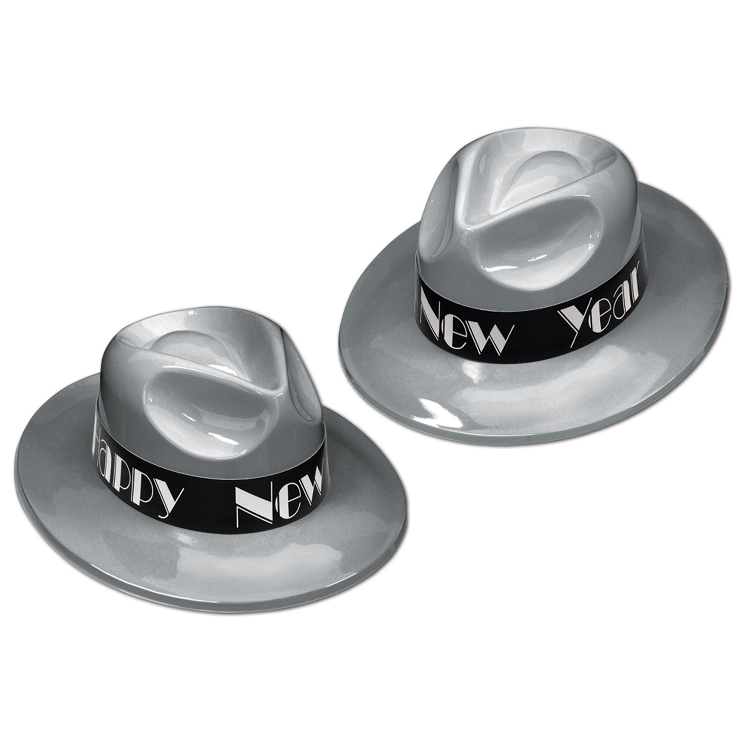 Silver plastic material molded to a fedora with a back band and the words "Happy New Year" in white.