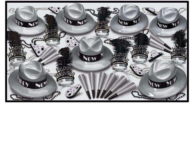 primarily silver New Years Eve party kit with silver fedoras, feathered tiaras, horns, noisemakers, and bead with black as the accent color