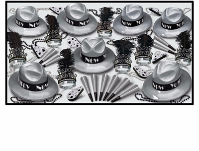 primarily silver New Year's Eve party kit with silver fedoras, feathered tiaras, horns, noisemakers, and bead with black as the accent color