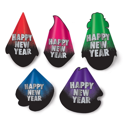 Traditional party hats with a black bottom that fades to other colors such as red, pink, green, blue, and purple with the words "Happy New Year" in silver.