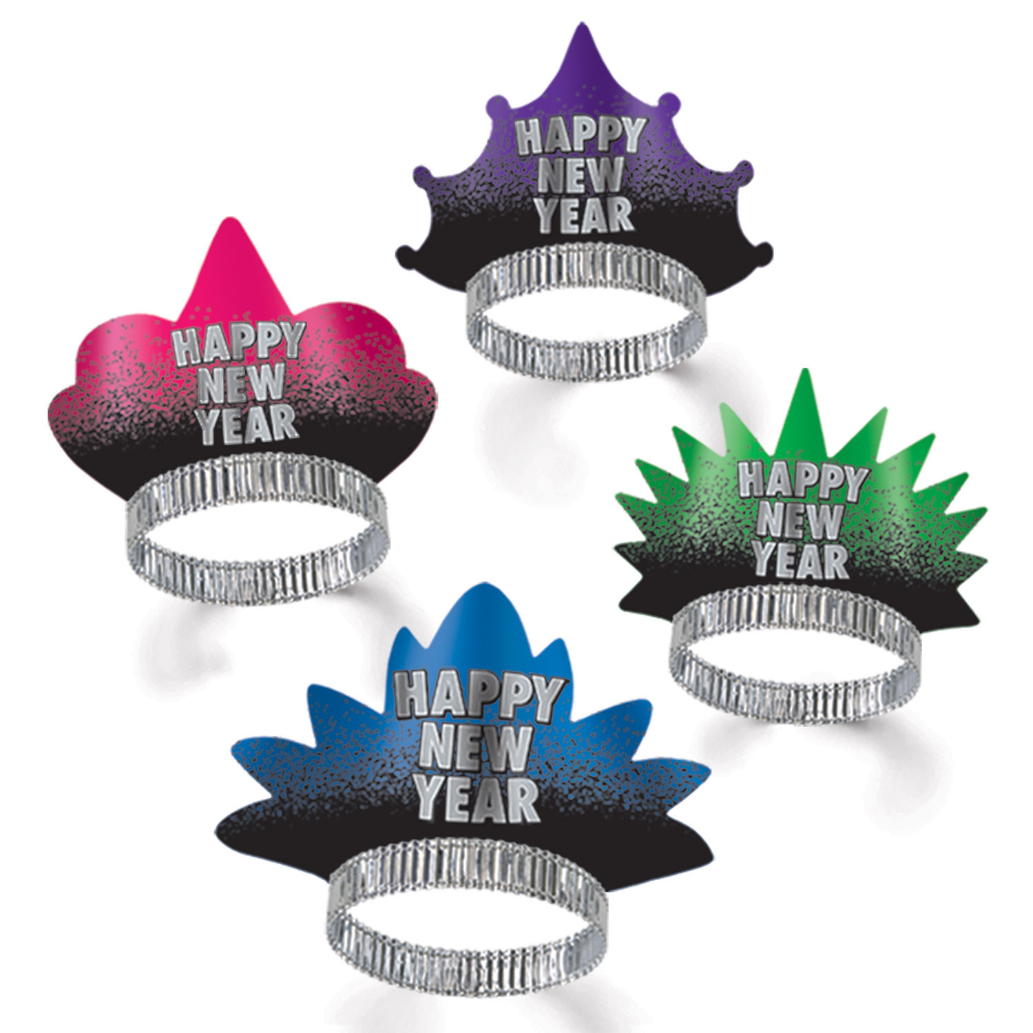 Four different shaped tiaras made from card stock material that is printed black on the bottoms and fades to either pink, purple, green or blue.