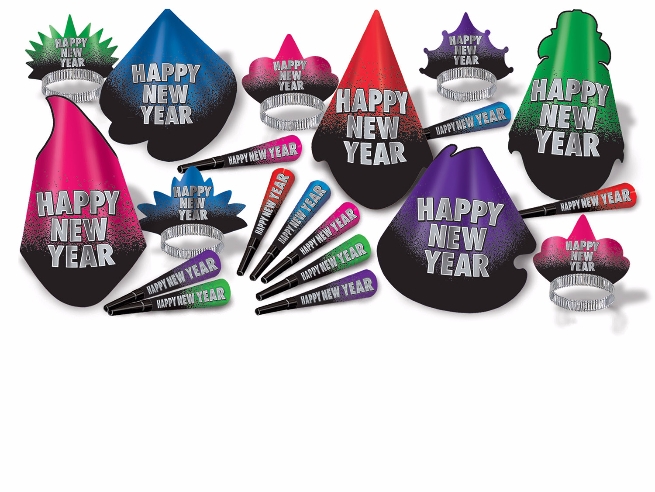 new years eve party hat kit in purple, blue, pink, and green that also includes tiaras and horns