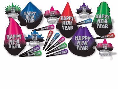 new year's eve party hat kit in purple, blue, pink, and green that also includes tiaras and horns