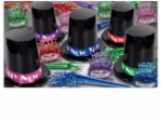 assorted color new year's eve kit with big black top hats with bright colored bands with new year tiaras and noisemakers