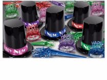 assorted color new year's eve kit with big black top hats with bright colored bands with new year tiaras and noisemakers