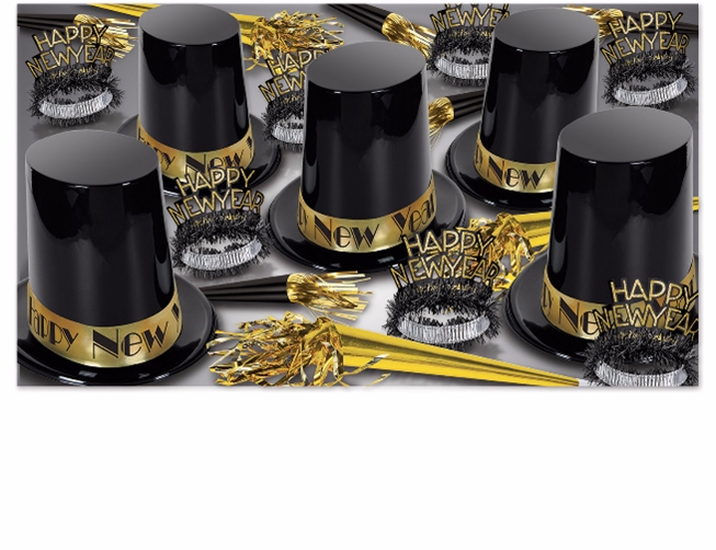 black and gold new years eve party kit for 50 people with extra large top hats, tiaras, and horns