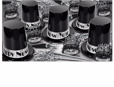 black and silver new year's eve party kit with enough items for 50 people that comes with extra large black top hats, fringed tiaras, and horns