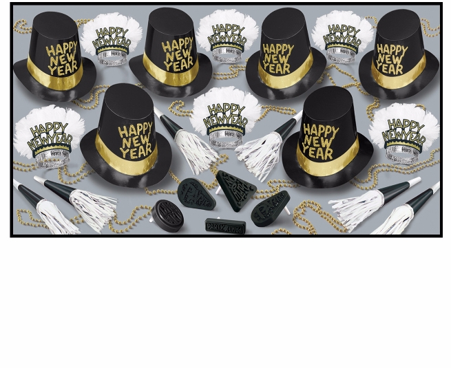 upscale looking new year party kit with primarily black and gold colors with white accents that include top hats, beads, tiaras with feathers, and noismakers