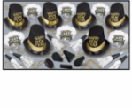 upscale looking new year party kit with primarily black and gold colors with white accents that include top hats, beads, tiaras with feathers, and noismakers
