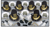 upscale looking new year party kit with primarily black and gold colors with white accents that include top hats, beads, tiaras with feathers, and noismakers