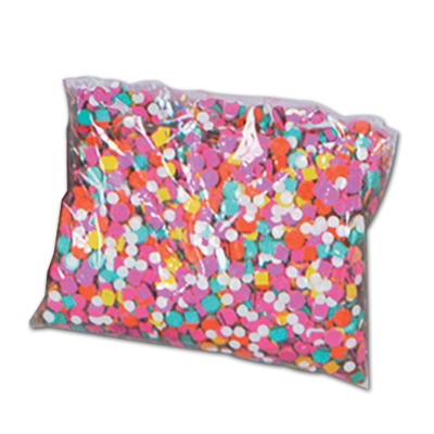 Two ounce bags of assorted colored confetti that is also assorted in size.
