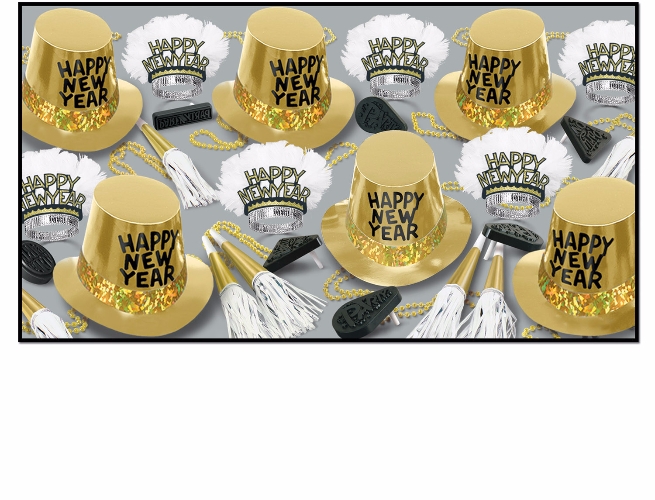 gold party kit for New Years Eve with high class tiaras and bright gold horns and beads