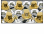 gold party kit for New Year's Eve with high class tiaras and bright gold horns and beads