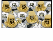 gold party kit for New Year's Eve with high class tiaras and bright gold horns and beads