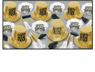 gold party kit for New Years Eve with high class tiaras and bright gold horns and beads
