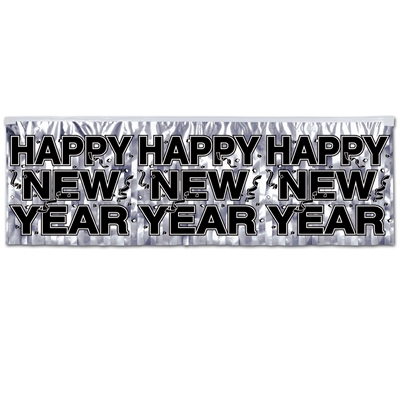 silver banner with happy new year on it in black text