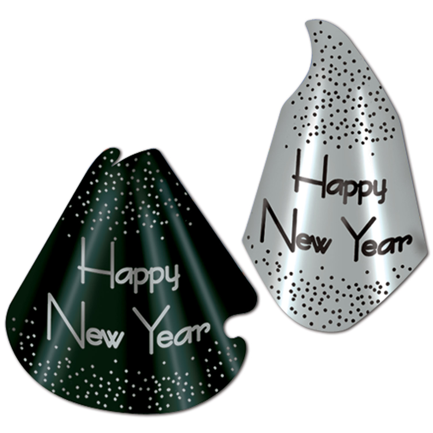 Traditional party hat with either a black or silver back fround and confettin accents with the words "Happy New Year".