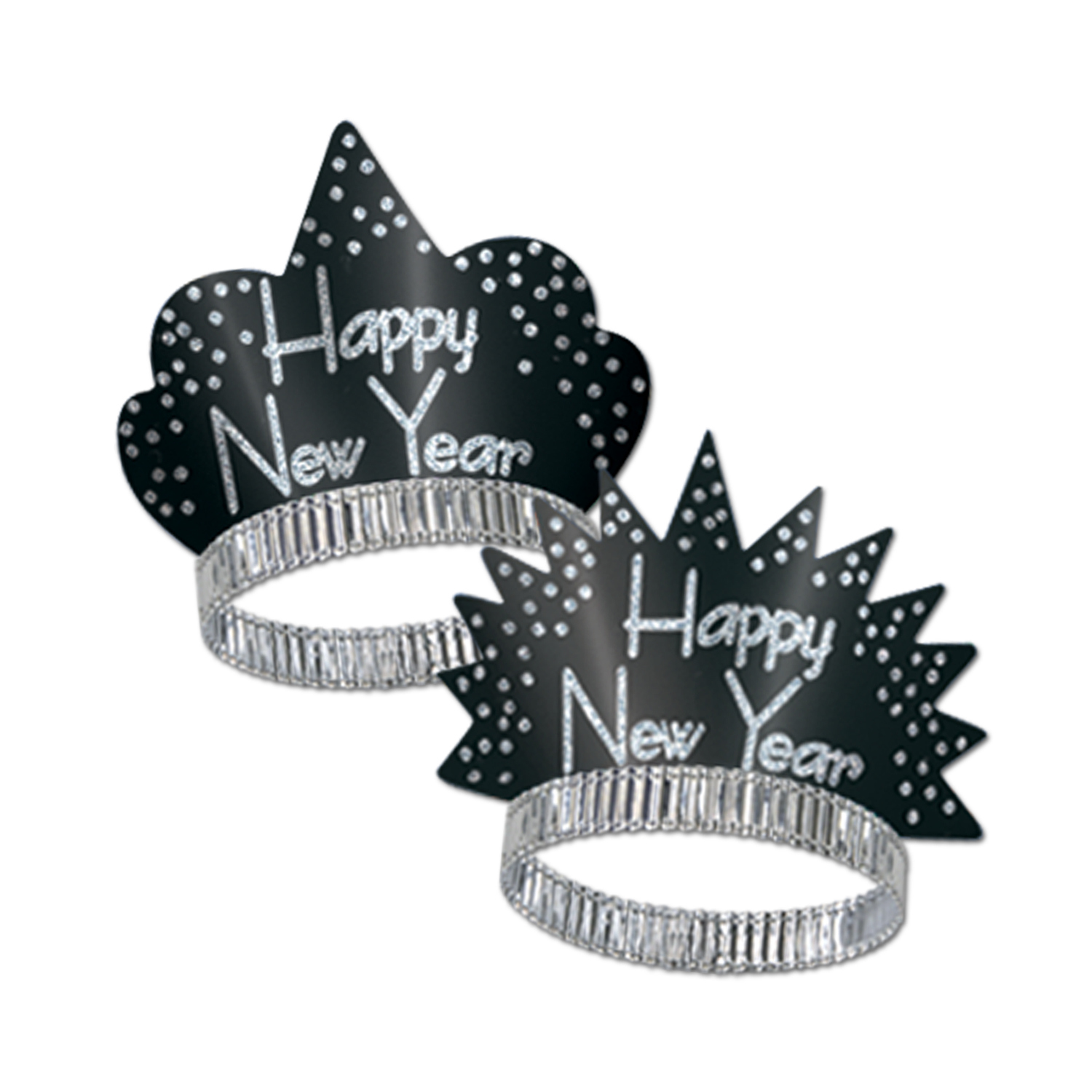 Two different shaped tiaras with a black tiara with silver confetti accents and the words "Happy New Year".