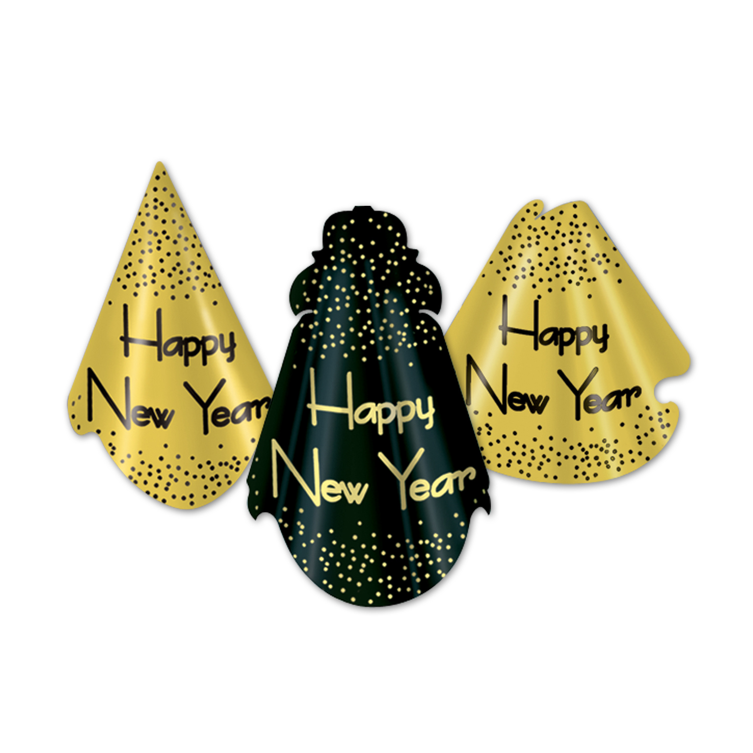 Traditional party hats with a gold or black background that comes with confetti accents and the words "Happy New Year".