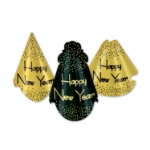 Traditional party hats with a gold or black background that comes with confetti accents and the words "Happy New Year".